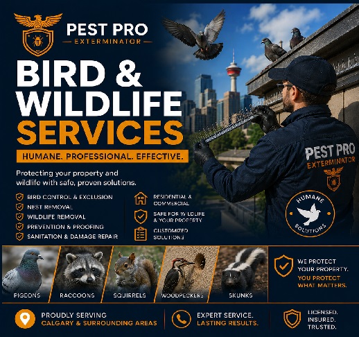 Pest Pro Exterminator bird and wildlife services in Calgary for pigeons, raccoons, squirrels, woodpeckers and skunks