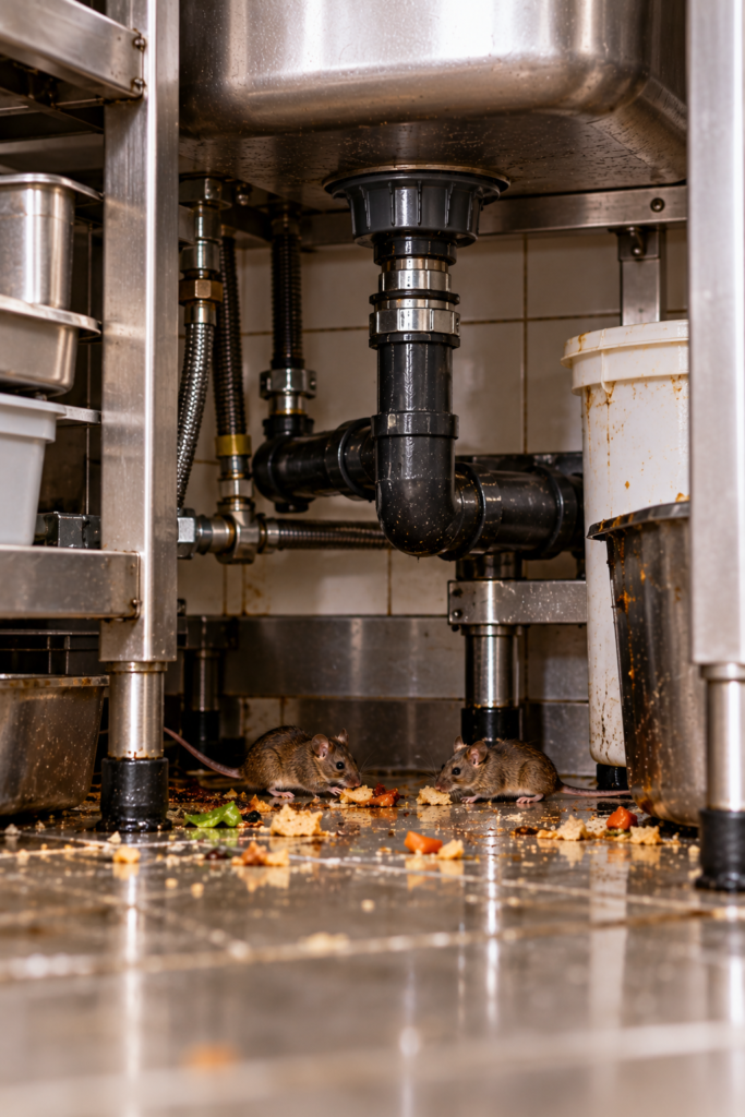 Two mice facing each other beneath a commercial kitchen sink among food debris and plumbing