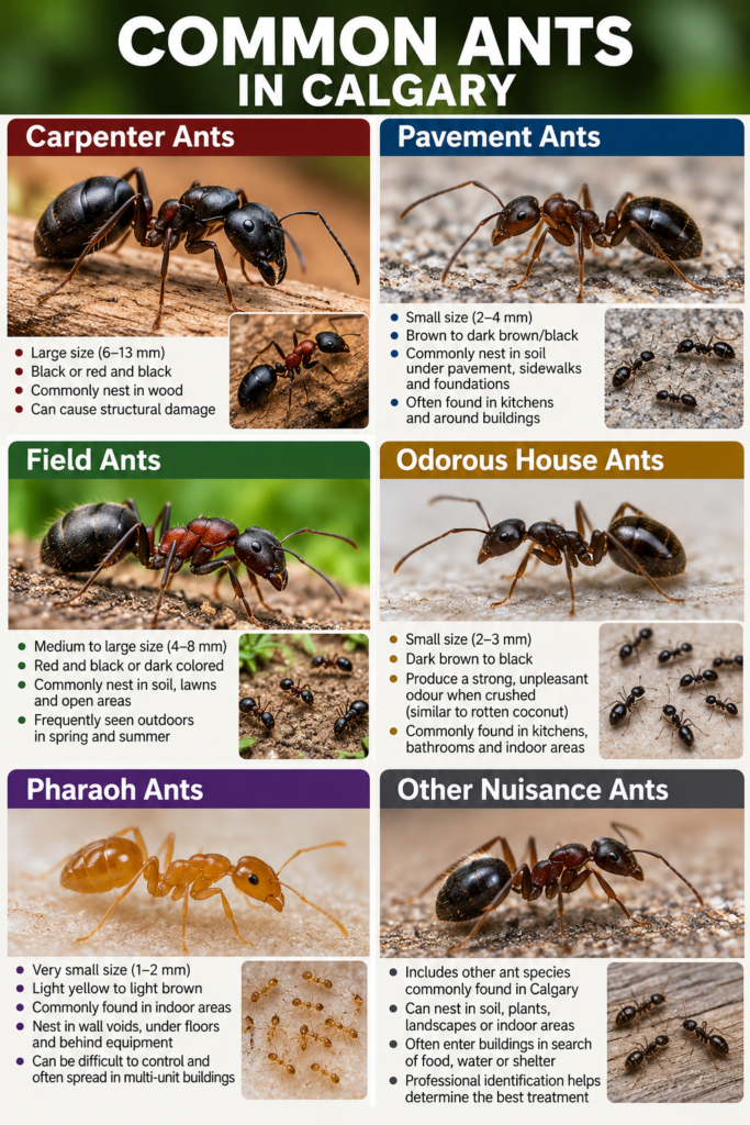 Common ants in Calgary including carpenter ants, pavement ants, field ants, odorous house ants, Pharaoh ants, and other nuisance ants