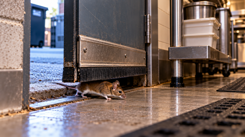 Deer mouse sneaking under the weatherstrip of a back door into a restaurant kitchen