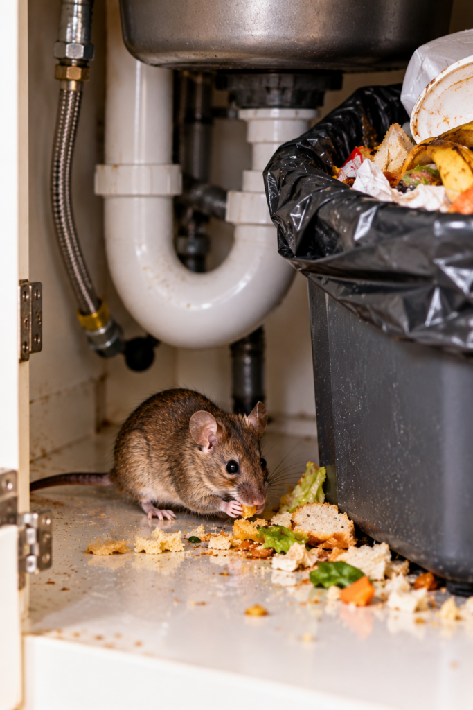 House mouse eating food debris beside a garbage bin under a kitchen sink in a Calgary apartment