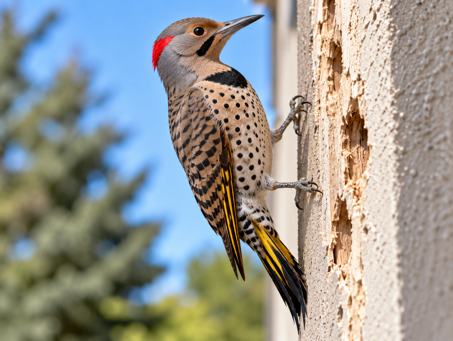 Woodpecker or Northern Flicker Northern Flicker woodpecker damaging stucco exterior – Calgary bird control