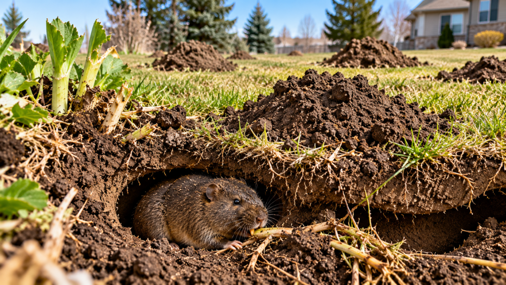 Northern pocket gopher in an underground burrow surrounded by fresh soil mounds and damaged vegetation