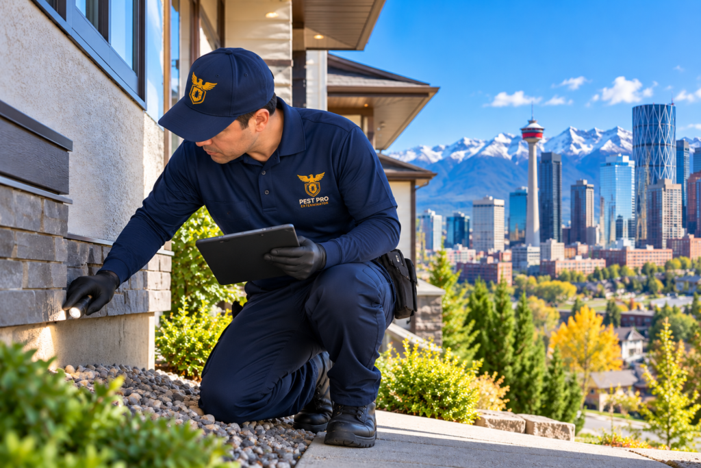 Pest Pro Exterminator technician conducting a professional pest inspection in Calgary