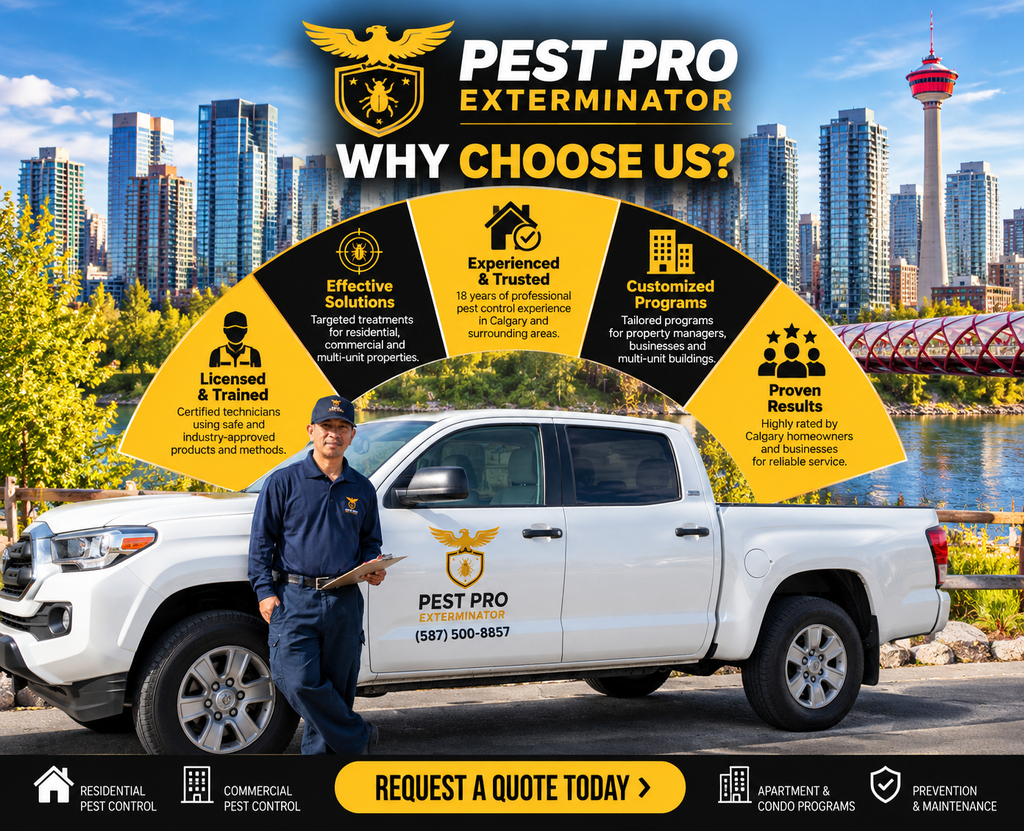 Pest Pro Exterminator technician standing beside a branded white truck along Calgary’s riverfront with the downtown skyline and Calgary Tower in the background