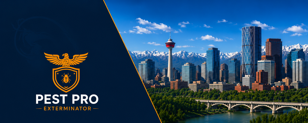 Pest Pro Exterminator logo with Calgary downtown skyline, Calgary Tower, mountains, river and bridge
