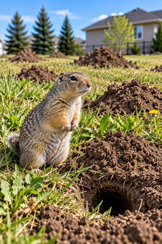 Richardson’s ground squirrel beside a burrow and fresh soil mounds in a residential Calgary lawn