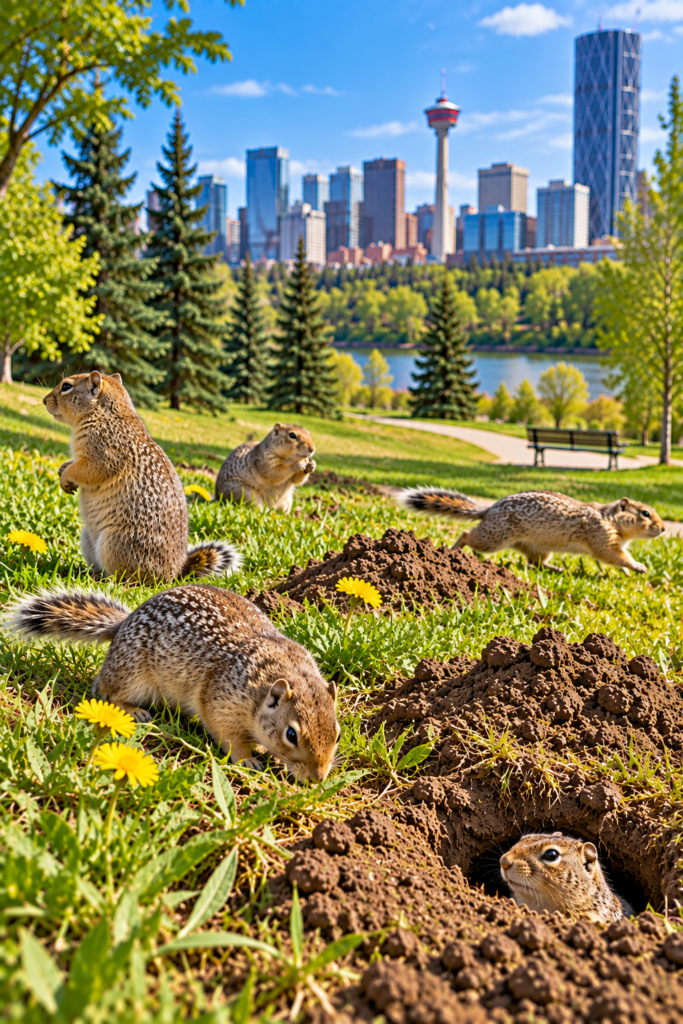 Richardson’s ground squirrels foraging and running in a Calgary park near burrows and fresh soil mounds.