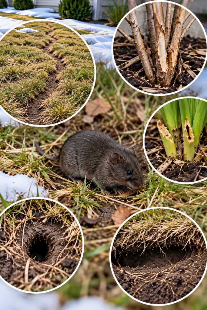 Black vole with a short tail surrounded by signs of vole activity after snow melts, including grass runways, chewed plants, holes, and tunnels