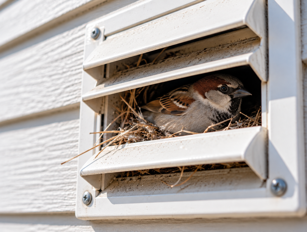 Bird & Wildlife Services - Pest Pro Exterminator Sparrow nesting inside a wall vent – Calgary bird control
