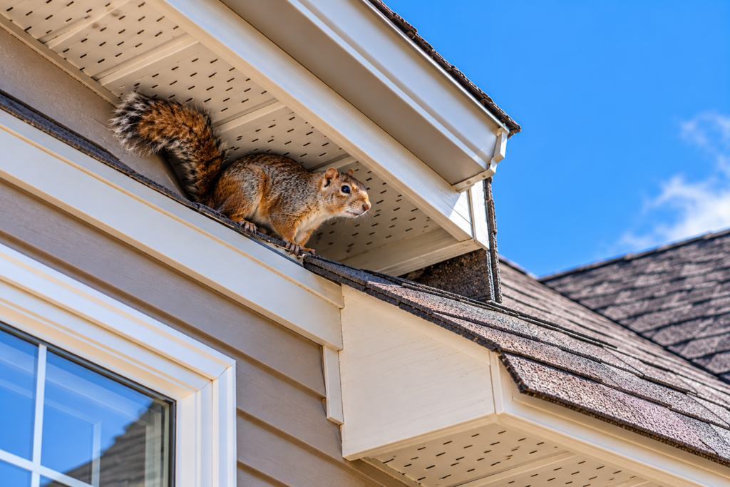 Squirrel under the soffit of a residential roof dormer in Calgary