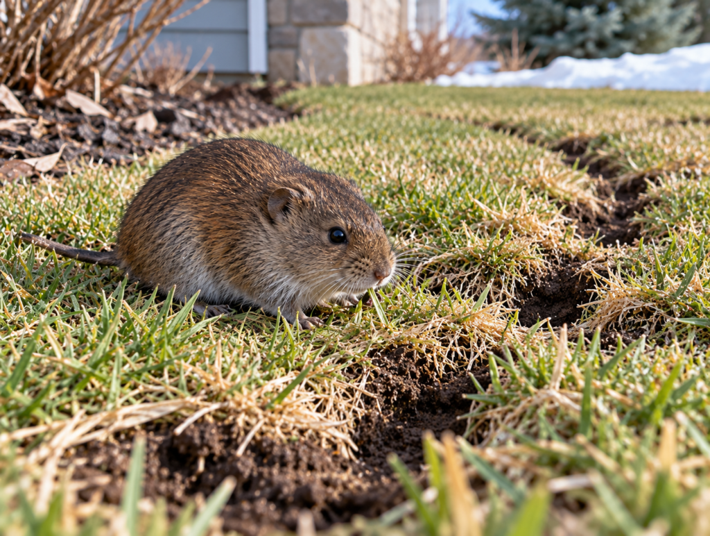 Vole Control Calgary | Pest Pro Exterminator Vole control Calgary – vole in lawn with visible grass damage