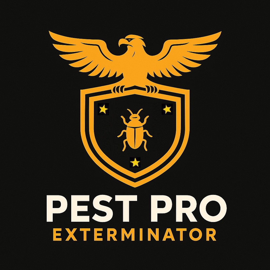 Pest Pro Exterminator logo with golden eagle and shield featuring a beetle