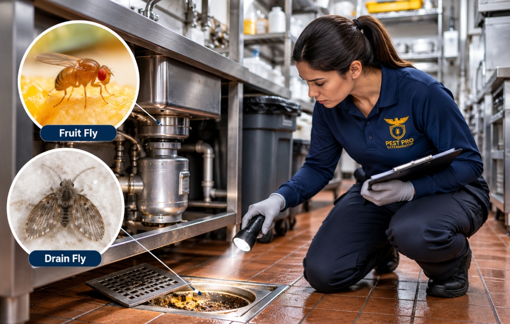 Female Pest Pro Exterminator technician inspecting a commercial kitchen floor drain for fruit flies and drain flies.