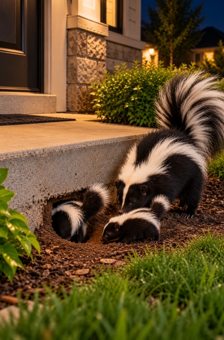 Mother skunk and two babies near a burrow beneath a concrete front step at night.