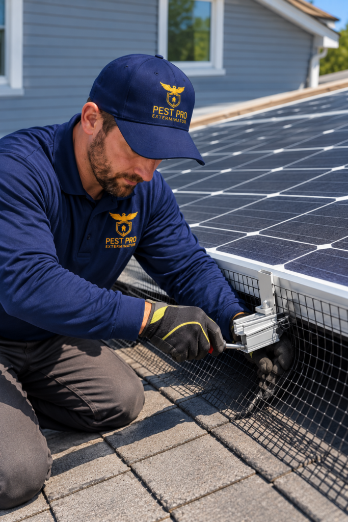 Pest control technician installing bird mesh under solar panels to prevent pigeons in Calgary