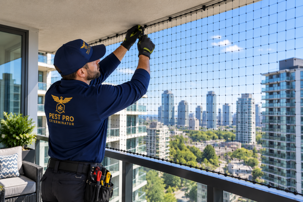 Pest control technician installing bird netting on a condo balcony in Calgary