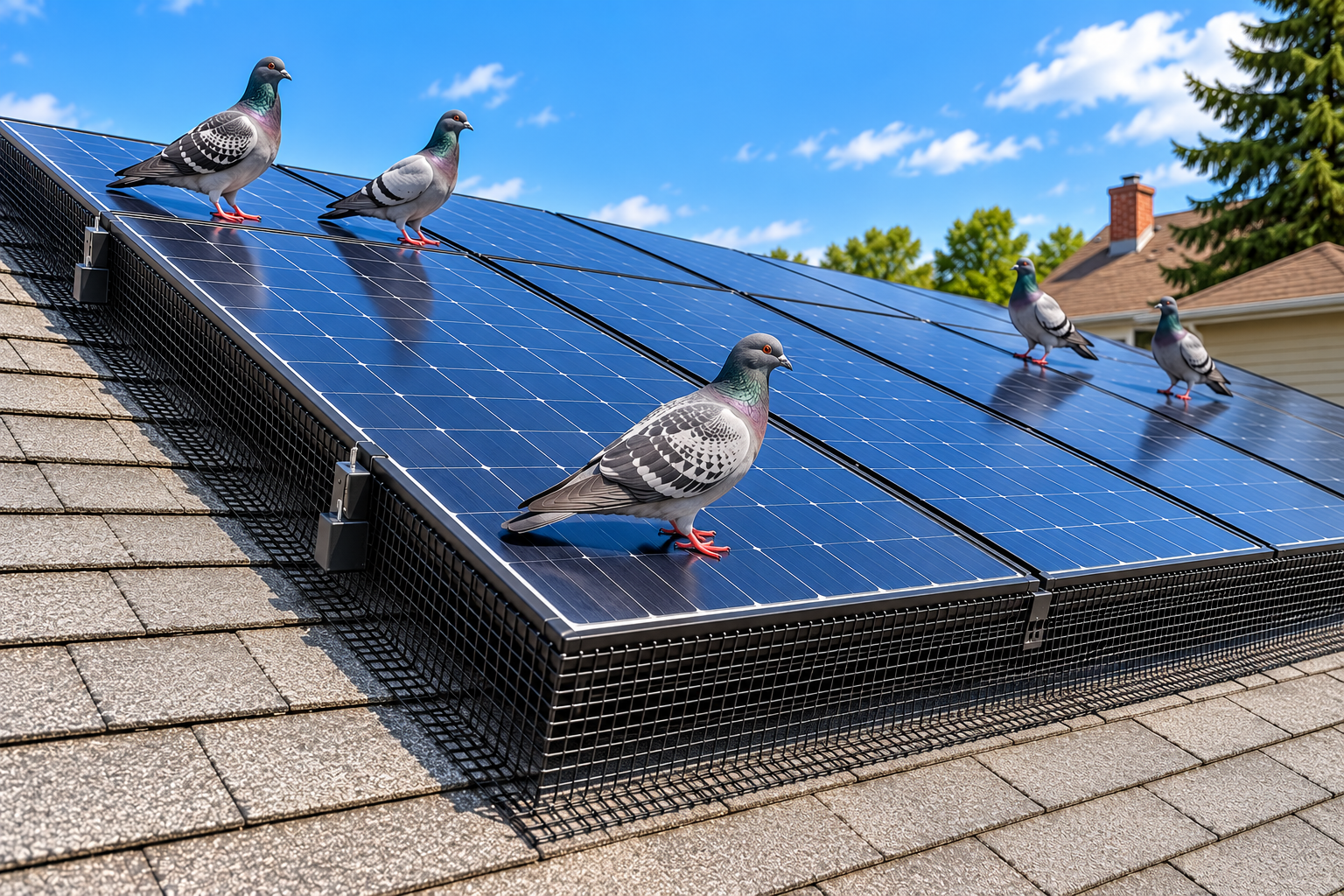 Pigeons on solar panels with bird exclusion mesh installed around the edges