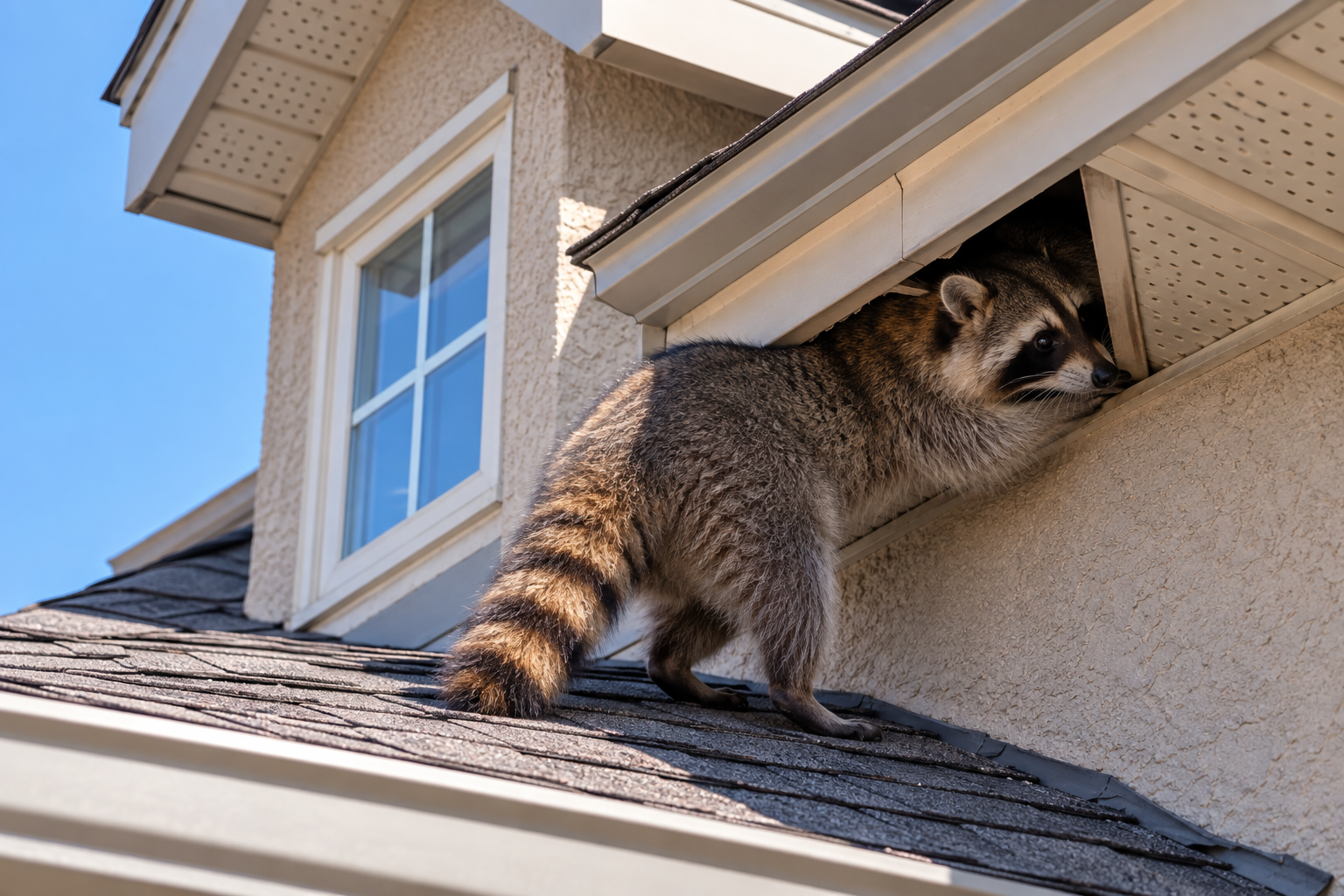 Raccoon entering a residential roof soffit beneath a dormer