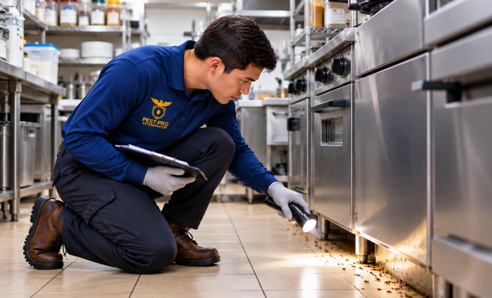 Pest Pro Exterminator technician inspecting an ant trail beneath commercial kitchen equipment.