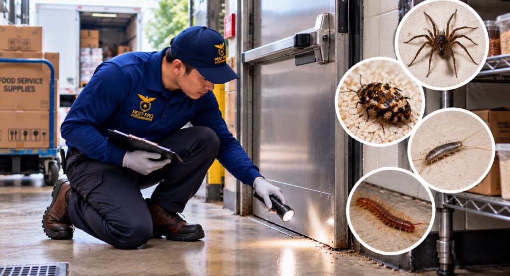 Male Pest Pro Exterminator technician wearing a branded navy cap and uniform while inspecting a restaurant receiving entrance for crawling pests.