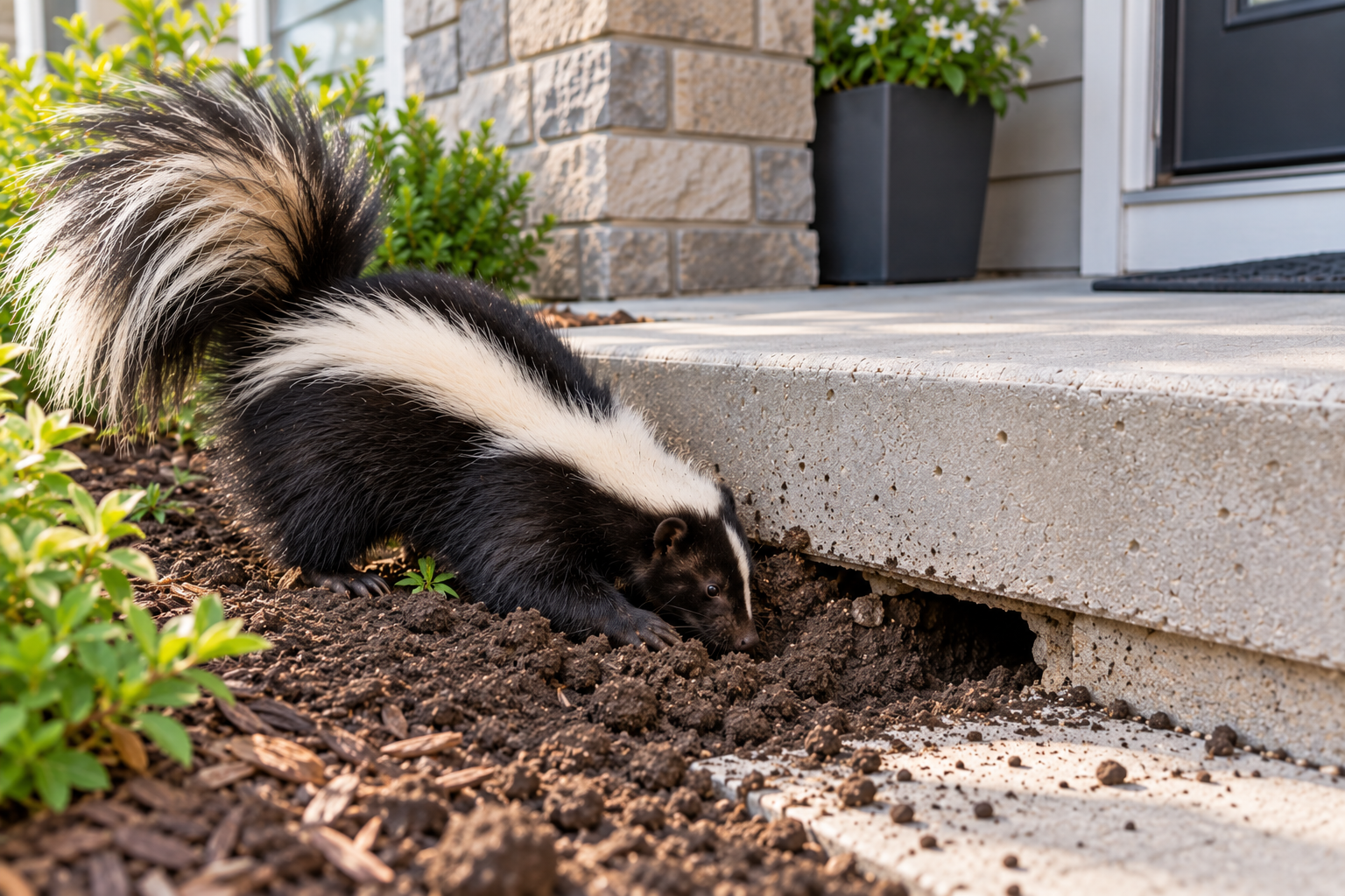 Skunk digging a small hole beneath a concrete front step of a residential home