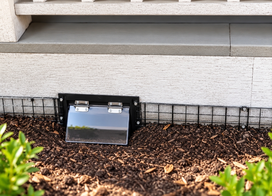 One-way skunk exclusion door secured to wire mesh along a home's foundation to help prevent wildlife re-entry.