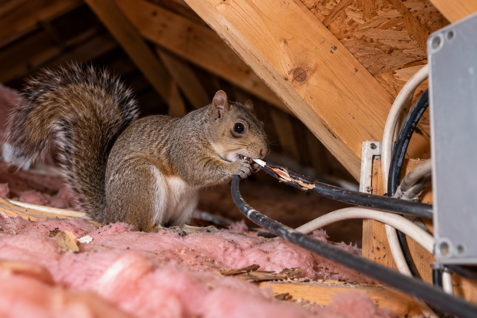 Squirrel chewing electrical wire inside a residential attic with exposed insulation