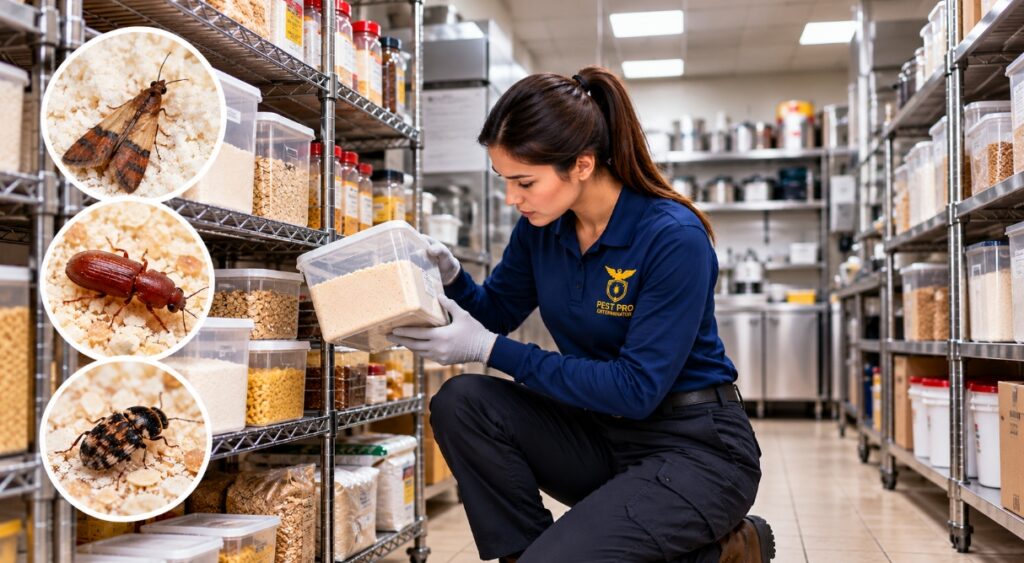 Pest Pro Exterminator technician inspecting dry food products for pantry moths and stored-product beetles in a commercial storage room.