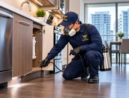 Pest control technician treating an apartment kitchen for cockroaches