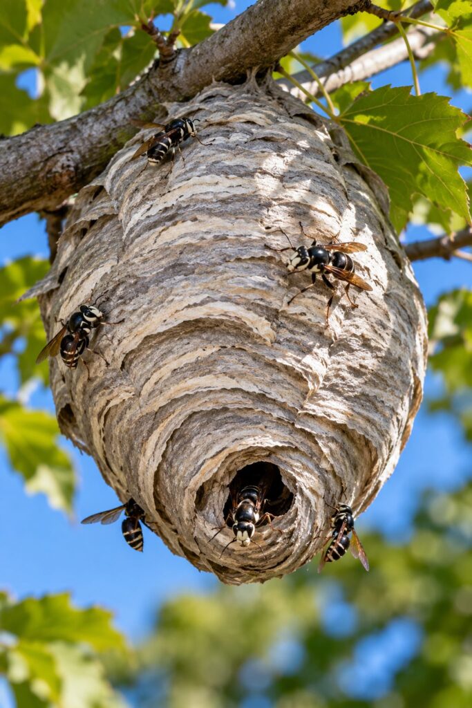 Bald-faced hornet nest with wasps on a tree branch in Calgary