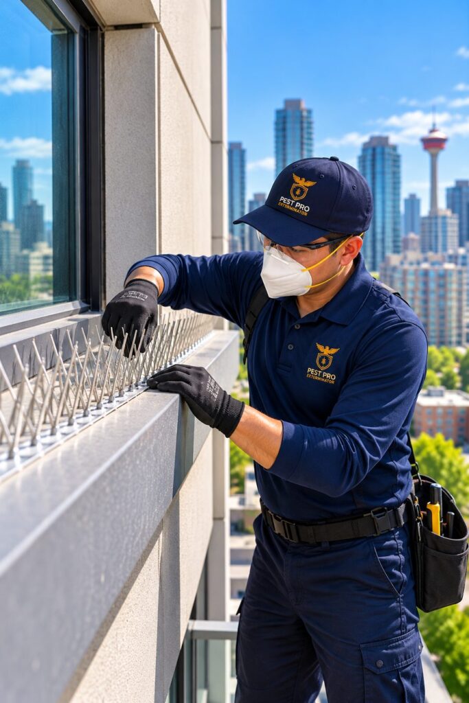 Pest Pro Exterminator technician installing stainless steel bird spikes along a building ledge.