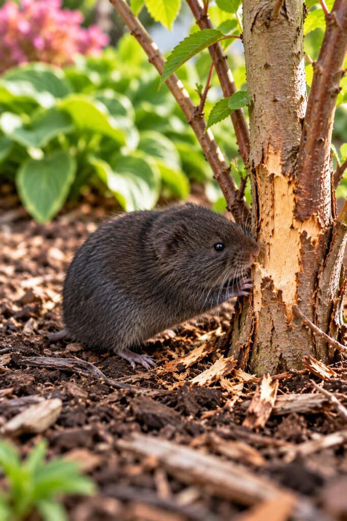 Dark-furred vole gnawing damaged bark on a young tree