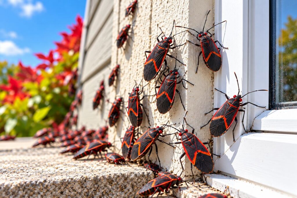 Boxelder Bug Control Calgary | Pest Pro Exterminator Boxelder bugs gathered on a Calgary home exterior near a window