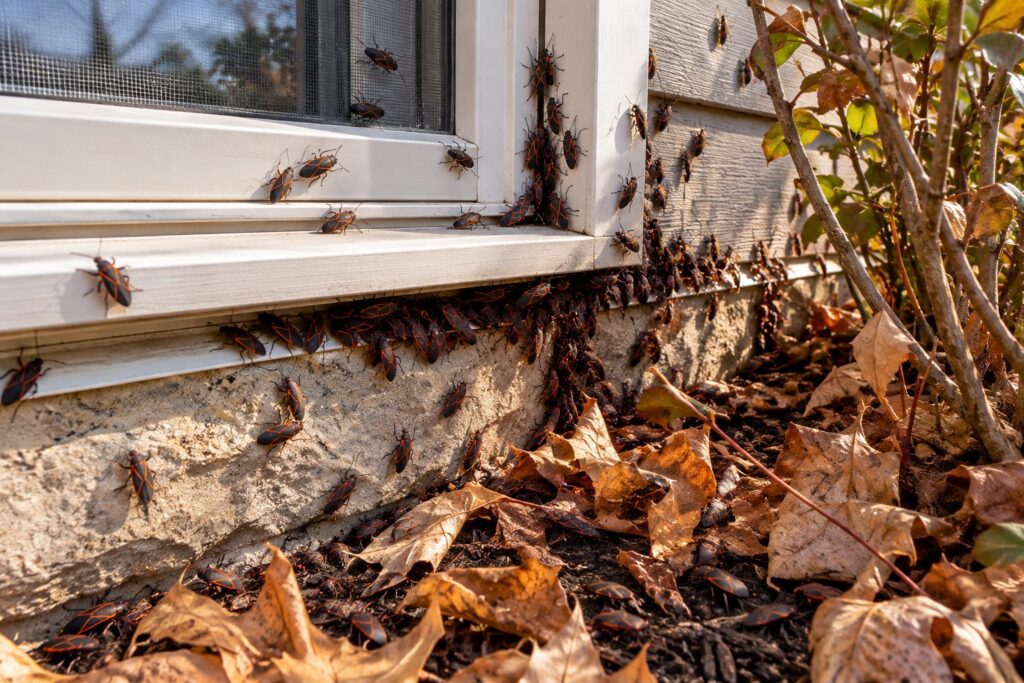 Boxelder bugs gathered around windows and the foundation of a Calgary home