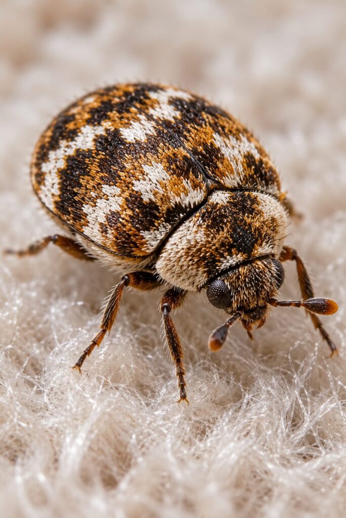 Close-up of a carpet beetle on fabric showing its distinctive mottled pattern