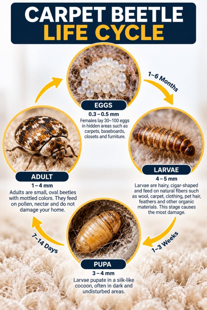 Carpet beetle life cycle showing eggs, larvae, pupa and adult stages