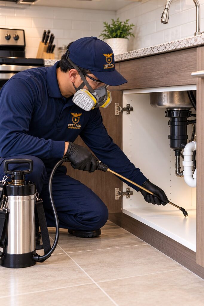 Pest control technician treating cockroaches under a kitchen sink