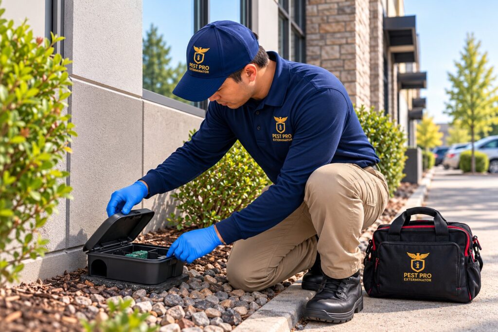 Pest control technician inspecting a black mouse control station beside a commercial building in Calgary.