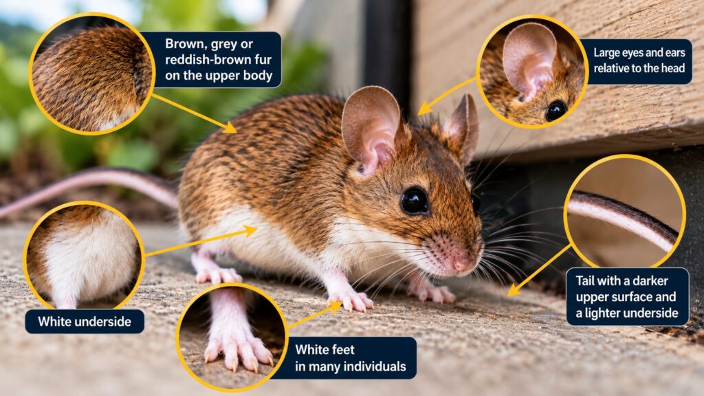Deer mouse identification guide showing brown upper fur, white underside and feet, large ears and eyes, and a two-tone tail.