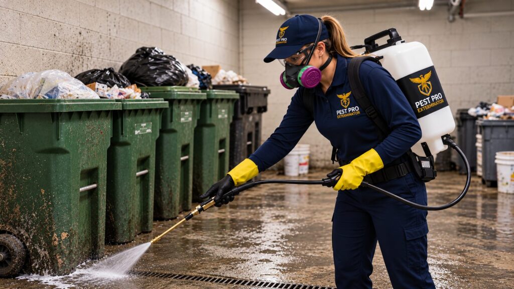 Pest control technician treating a commercial garbage room for flies in Calgary