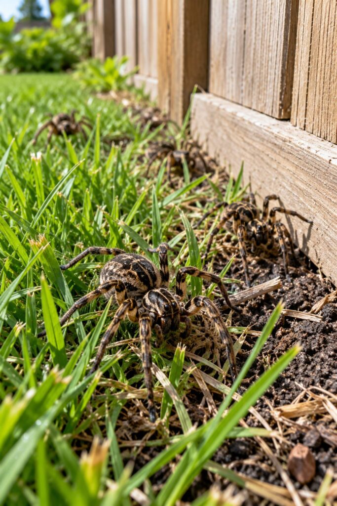 Ground spiders along a residential fence line in Calgary