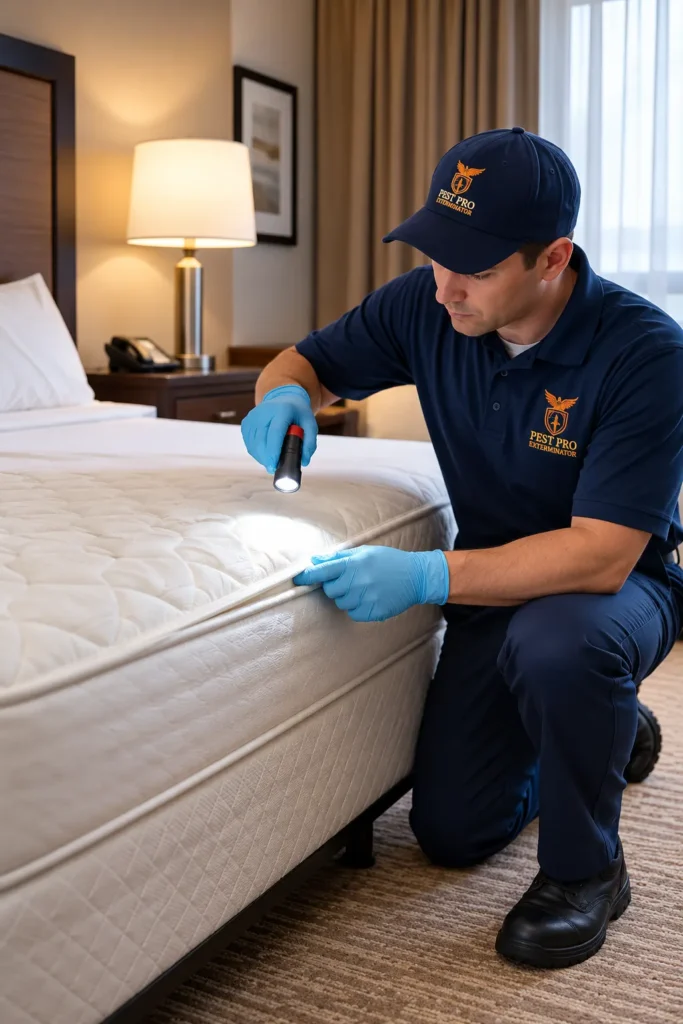 Pest control technician inspecting a hotel mattress for bed bugs in Calgary.
