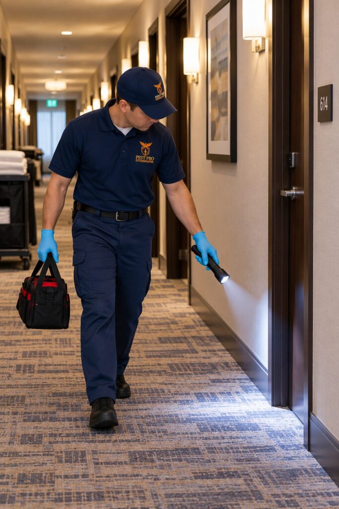 Pest control technician inspecting hotel hallway baseboards with a flashlight in Calgary.