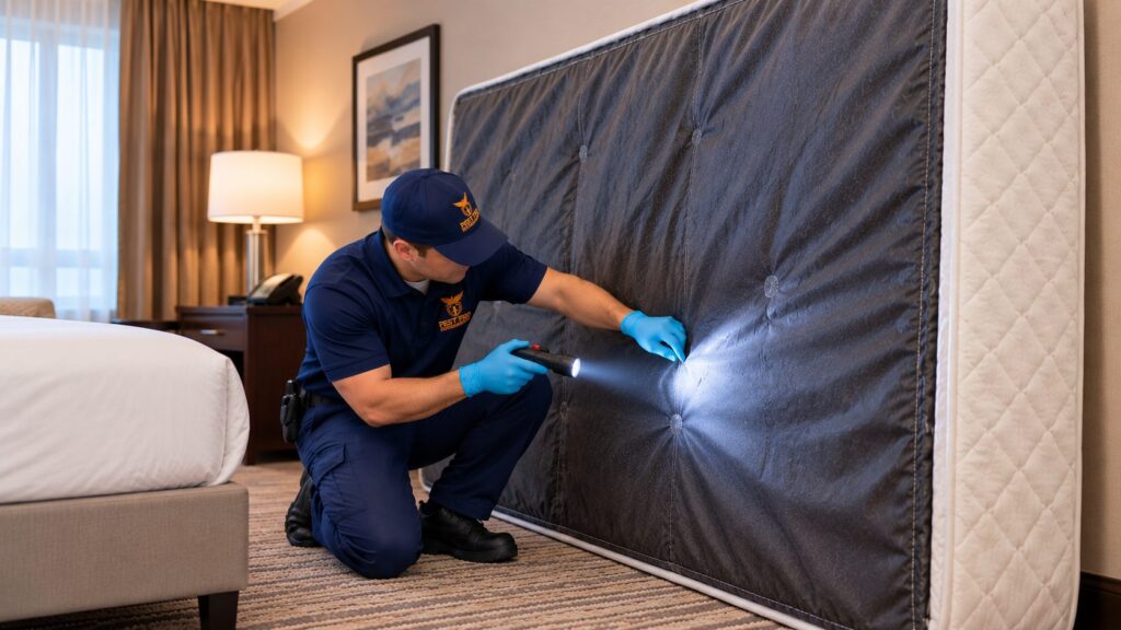 Pest control technician inspecting the underside and seams of a hotel mattress for bed bugs.
