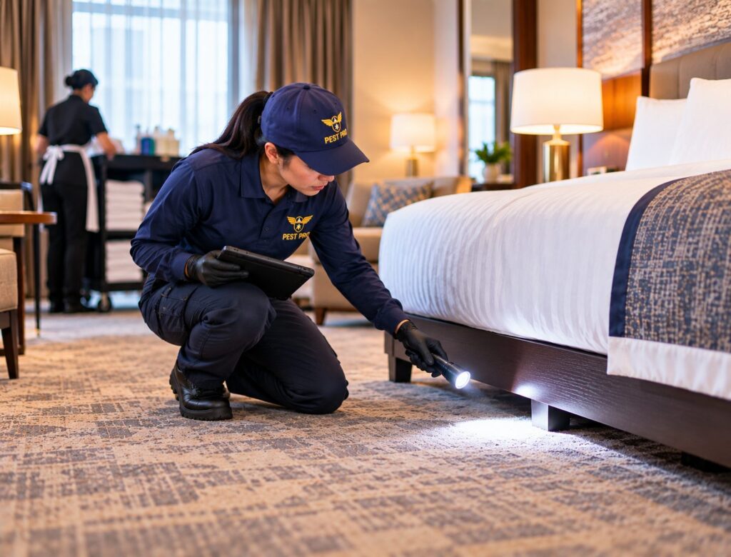 Pest control technician inspecting a hotel room for pests in Calgary