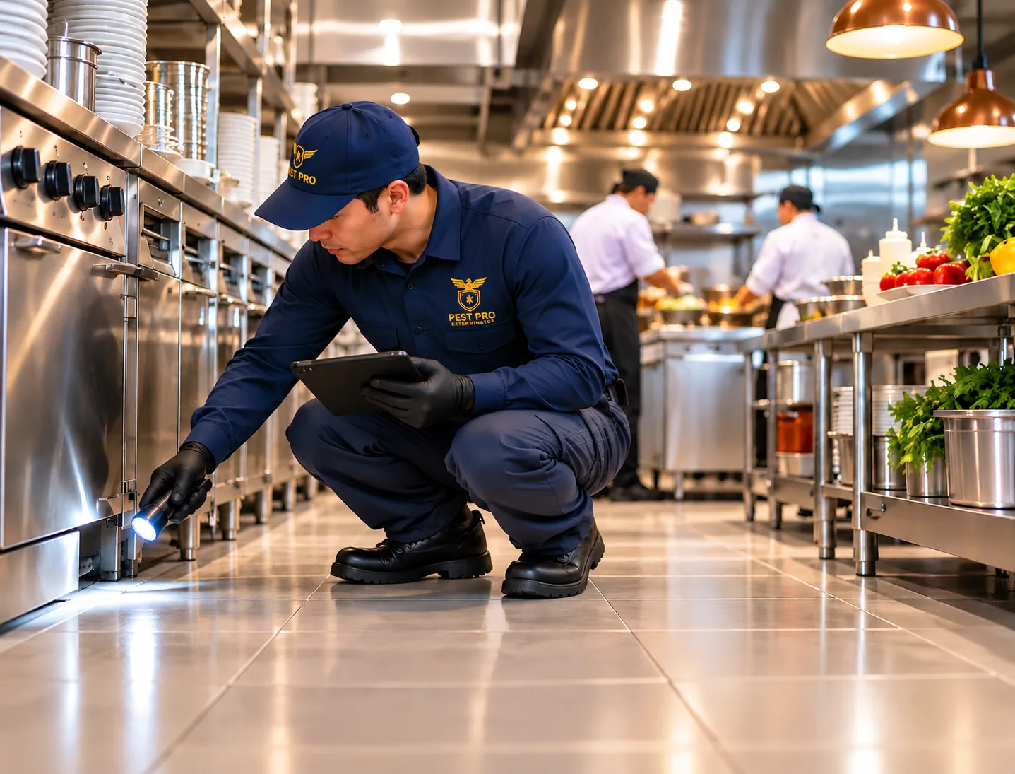 Commercial pest control technician treating a restaurant kitchen