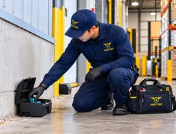 Pest control technician treating an industrial warehouse