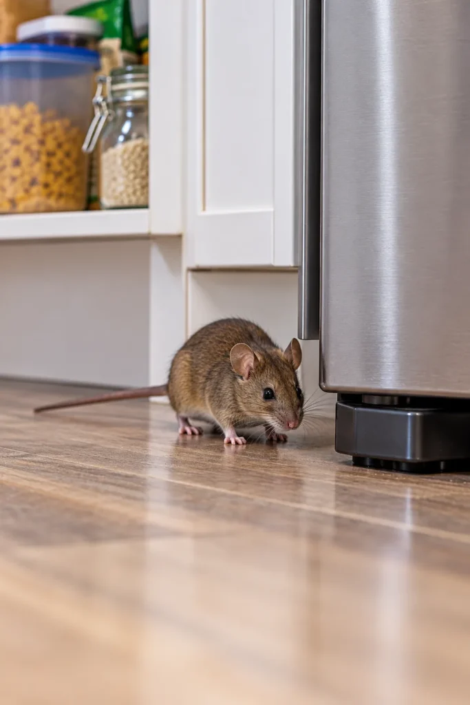 Brown house mouse spotted beside a stainless steel refrigerator in a kitchen.