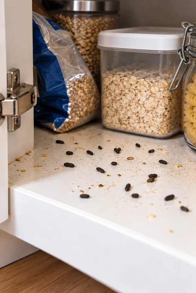Mouse droppings scattered across a kitchen pantry shelf near food containers.